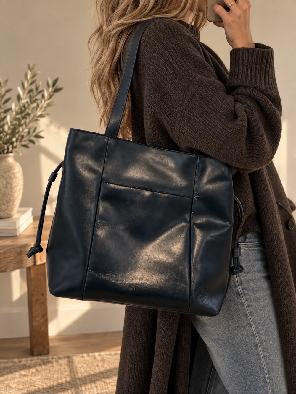 Lapis Italian Leather Shoulder Bag Drawstring Heritage EUC